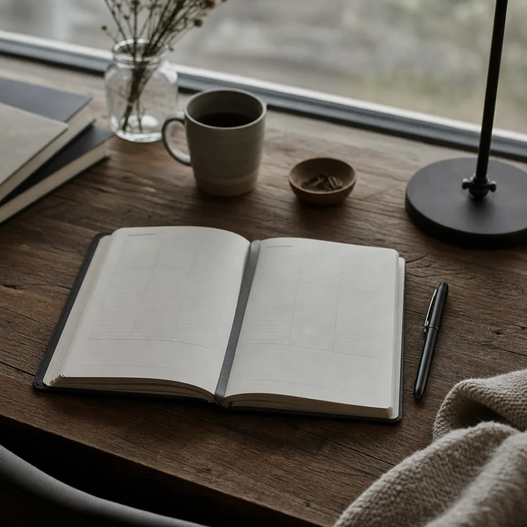 A paper planner open to a weekly review page beside a pen and a lamp