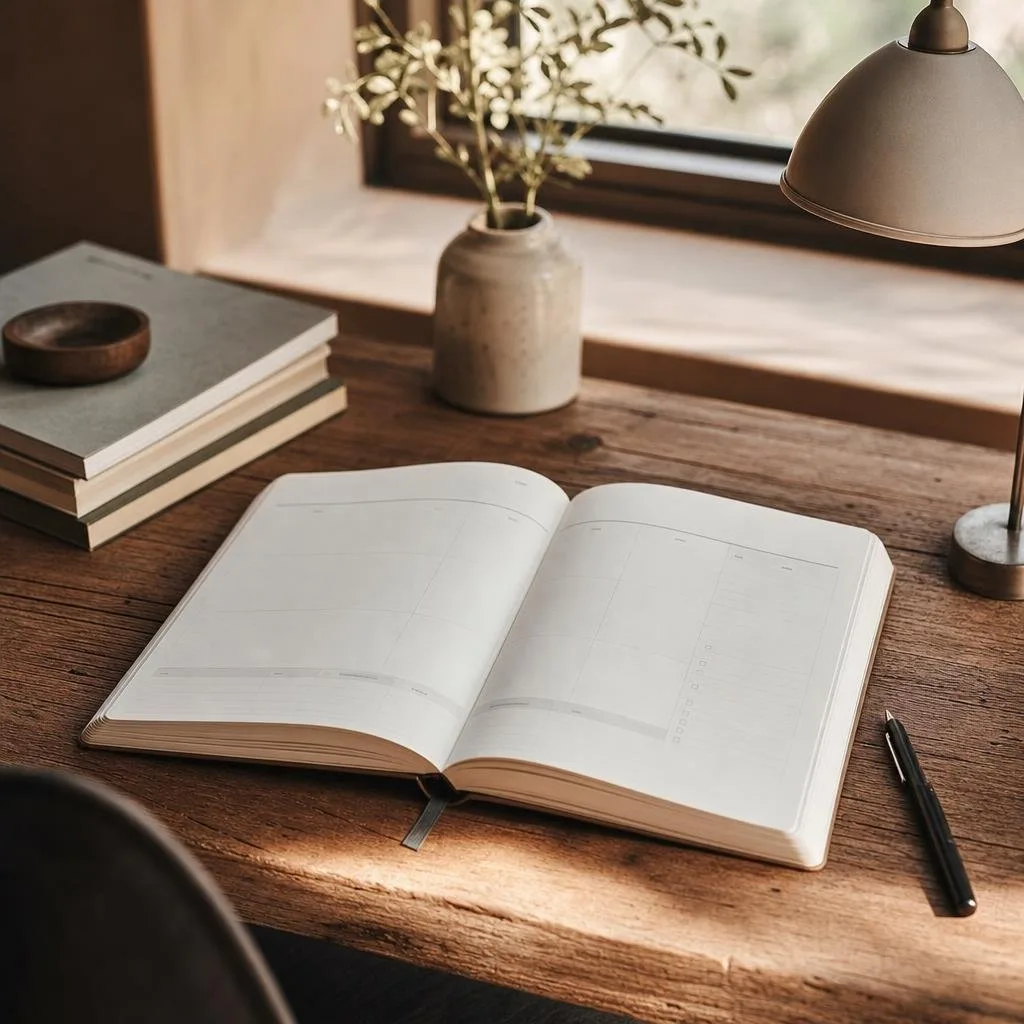 A quiet corner with a planner, a stack of notebooks, and warm lamplight