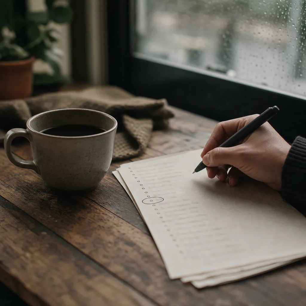 A cup of coffee beside a paper to-do list with a single task circled