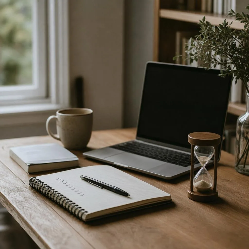 A tidy desk with a laptop, a timer, and a short handwritten task list