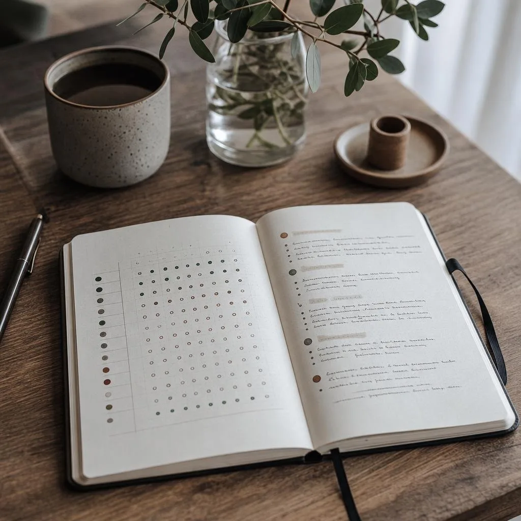 An open notebook with a habit tracker and handwritten weekly review notes